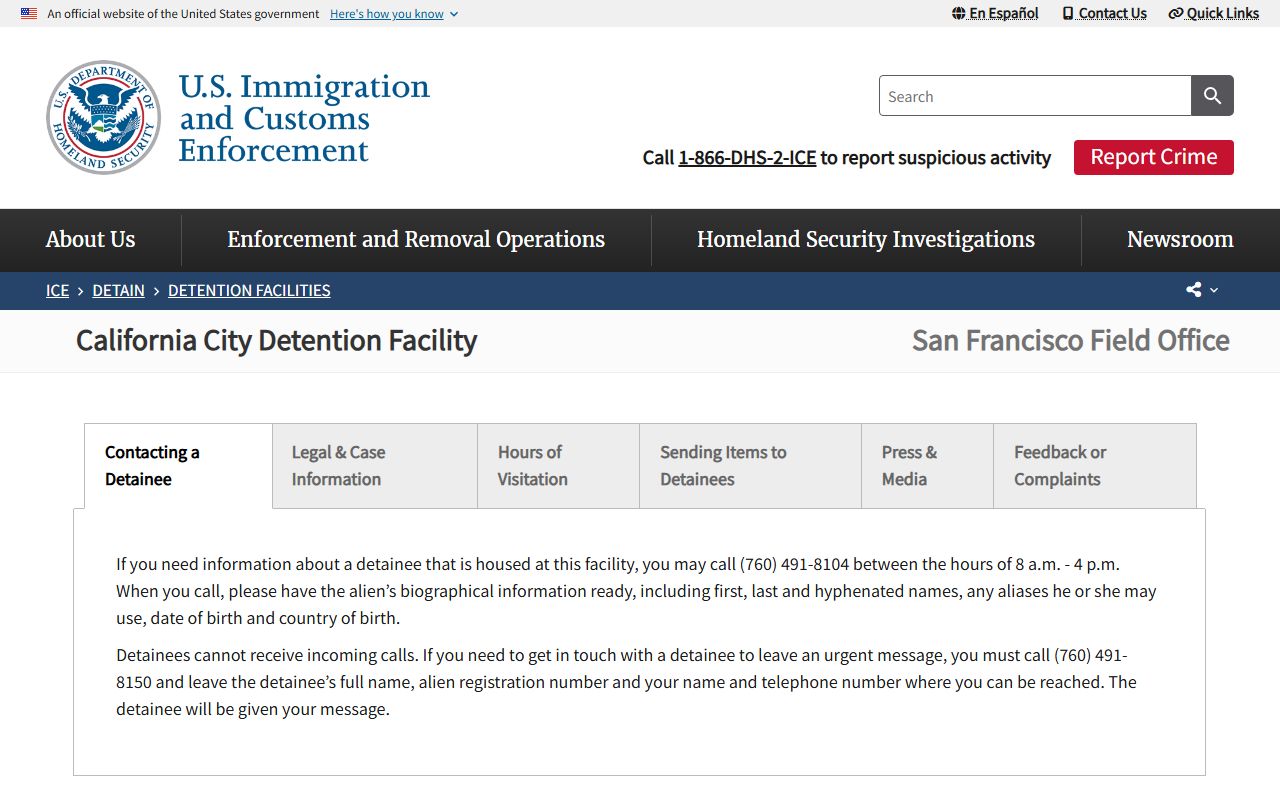 California City Detention Facility ICE detainee lookup and access information page