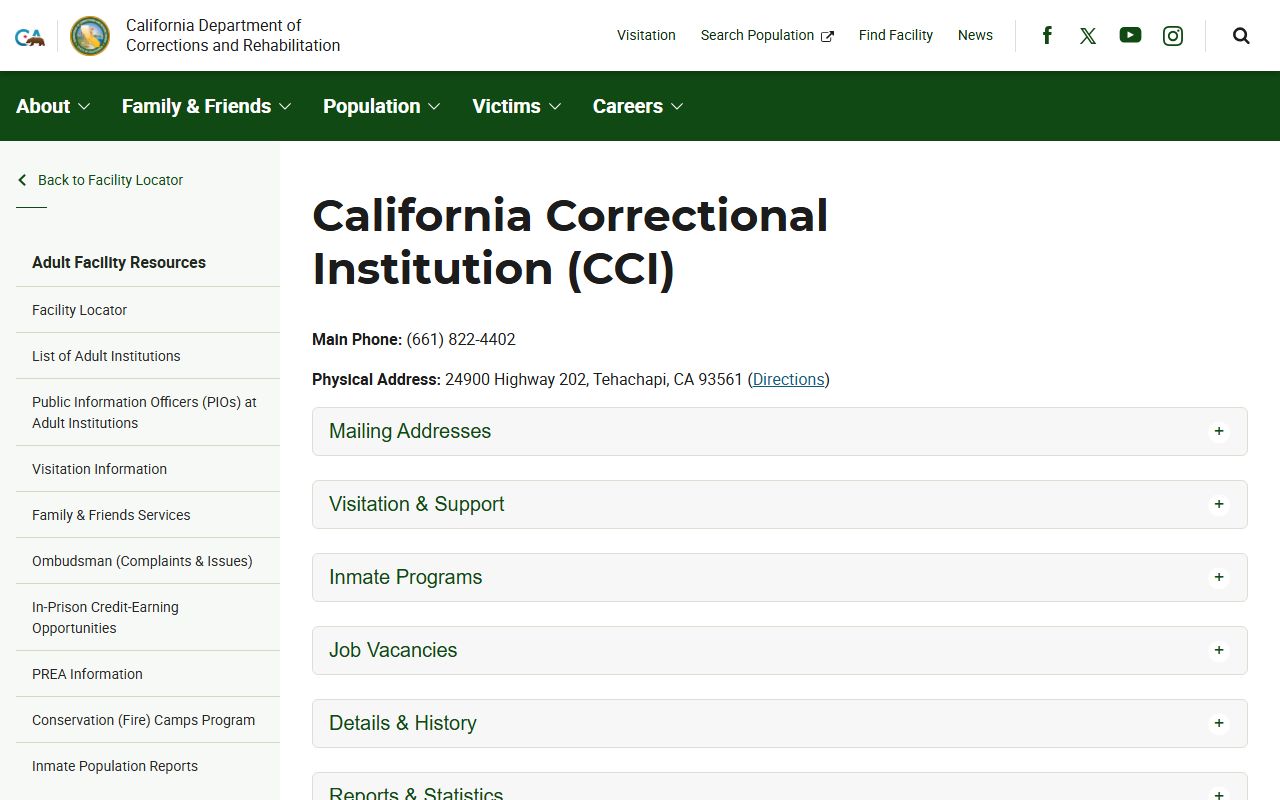 California Correctional Institution CDCR facility page for Kern County prison lookup