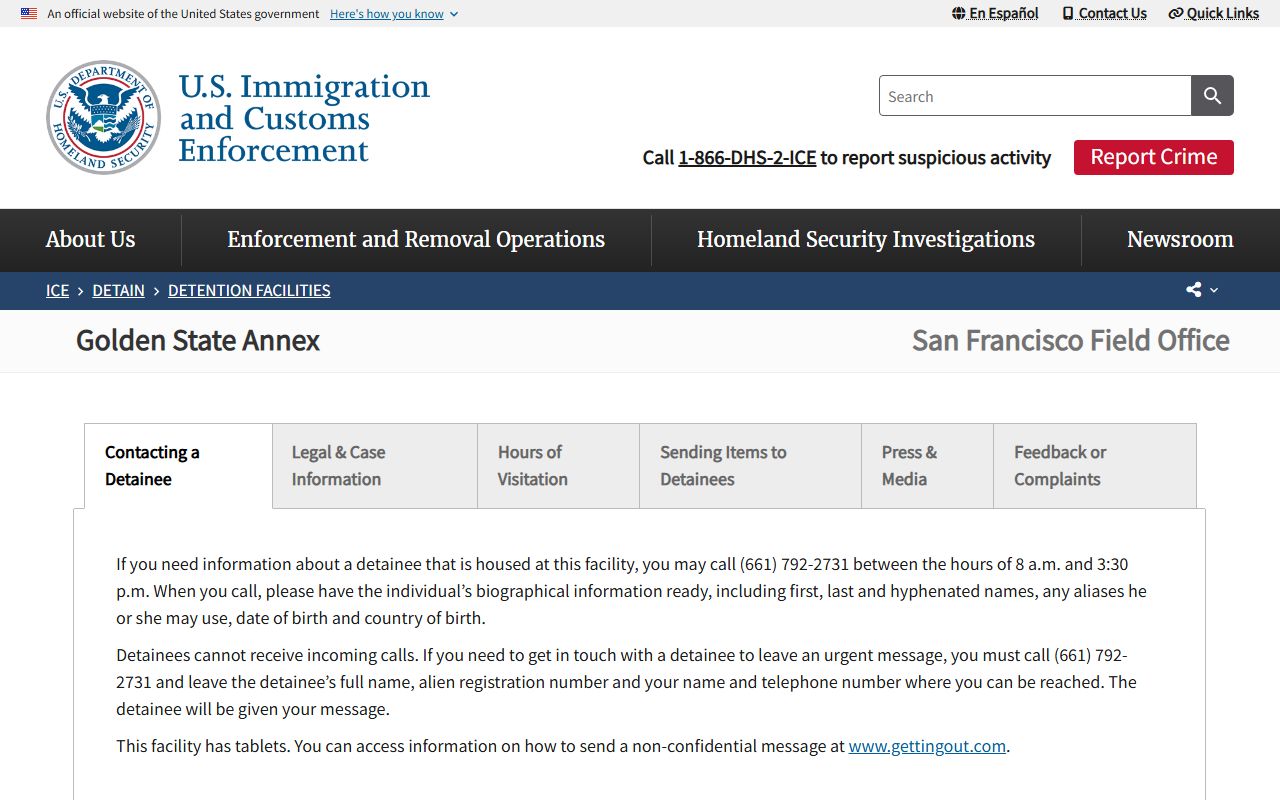 Golden State Annex ICE detainee search and facility information page