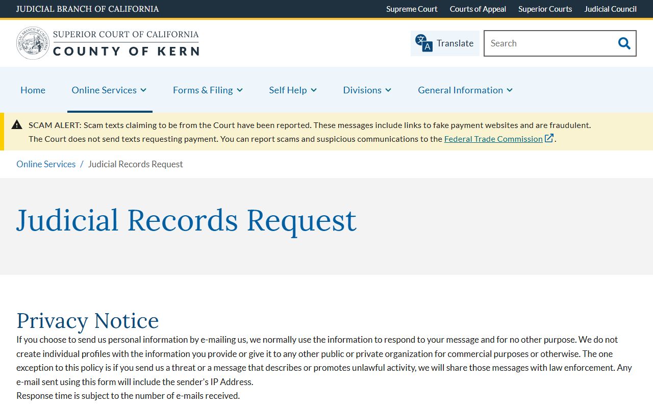 Kern County court records after arrest judicial records request form