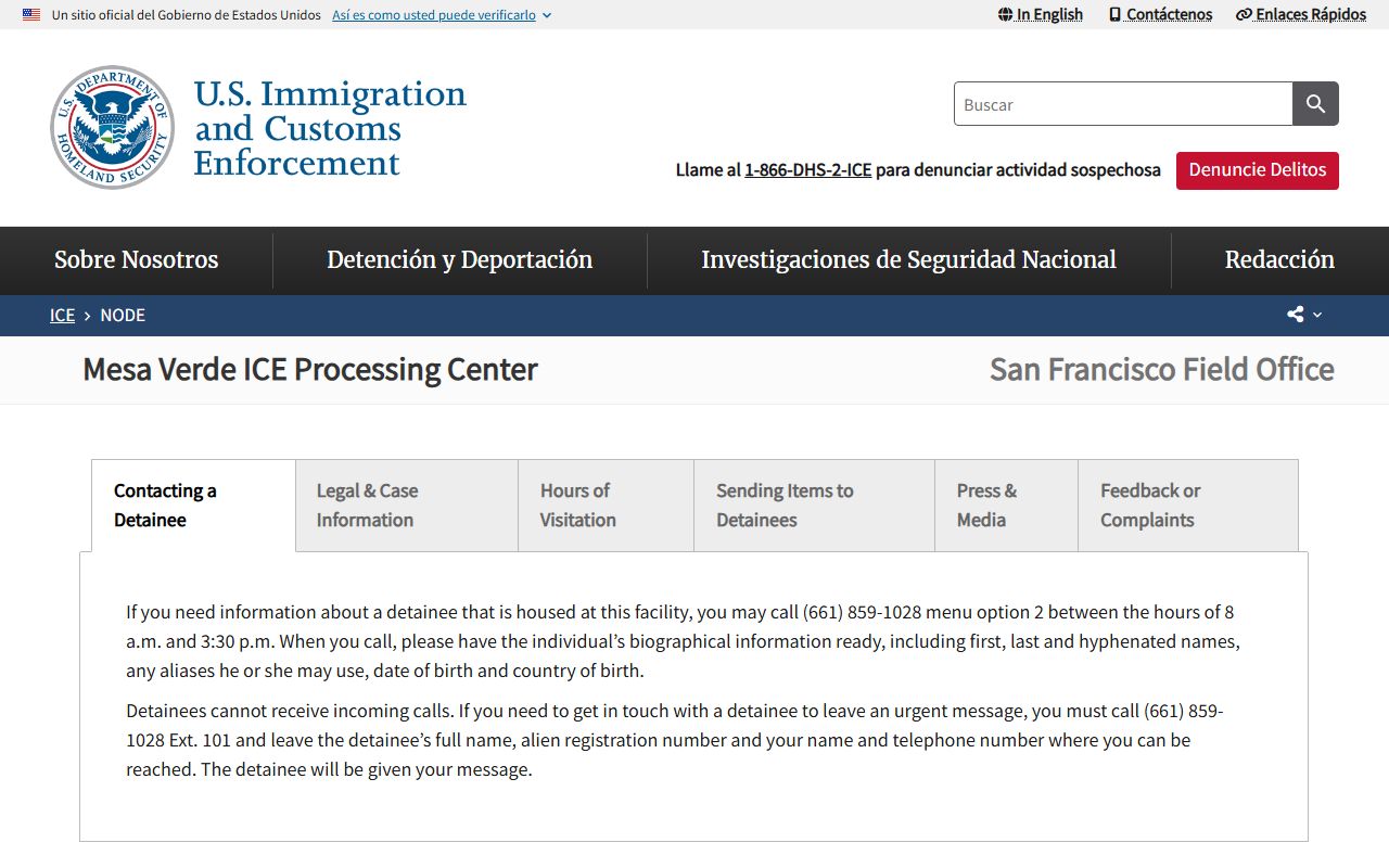 Mesa Verde ICE Processing Center detainee lookup and facility information page