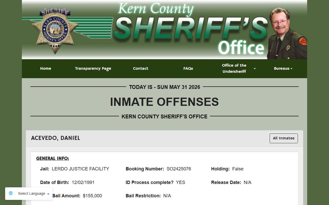 Kern County inmate population sample booking profile fields
